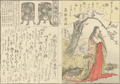 Dama di corte sotto un vecchio albero di pruno, due armadi laccati per il gioco delle conchiglie da Kubo Shunman