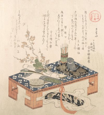 Scrivania con set di scrittura e fiori di prugna, probabilmente 1814 Anno del Cane da Kubo Shunman