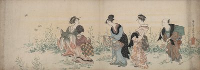 Quattro ragazze e un servitore che si godono fiori selvatici e farfalle da Kubo Shunman