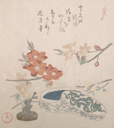 Fiori di pesco, un sigillo e una scatola per sigilli da Kubo Shunman