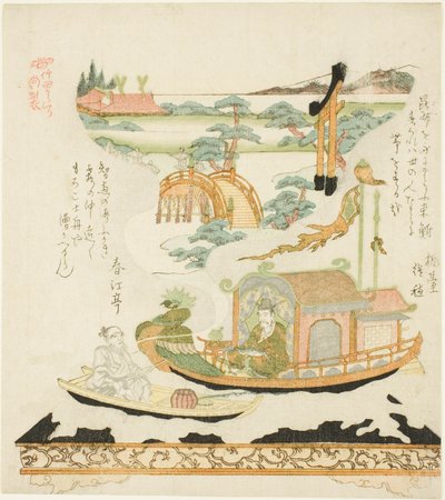 Dispositivo meccanico Takeda (Takeda karakuri): Haku Rakuten (cinese: Bai Juyi) e il pescatore da Kubo Shunman