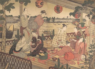 Due giovani uomini e diverse donne che cenano in una casa da tè sulla riva del fiume Sumida da Kubo Shunman