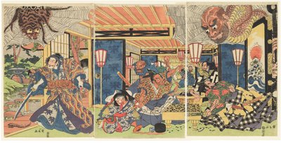 Minamoto no Yorimitsu e i suoi guardiani sconfiggono il ragno della terra, 1804-1818 circa (stampa su xilografia (nishiki-e); inchiostro e colore su carta) da Kuninaga Utagawa