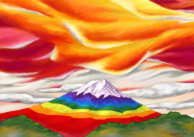 Monte Fuji arcobaleno circondato da rosso e arancione da Kunio Ota