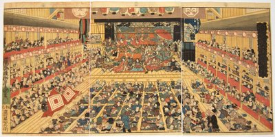 Odori-keiyo Edo-e no Sakae: Interno del teatro con performance di Shibaraku, 1858 da Kunisada