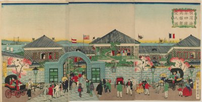 Quadro della prosperità degli stabilimenti mercantili lungo Nakadouri a Yokohama, era Meiji, 1870 da Kuniteru II Utagawa
