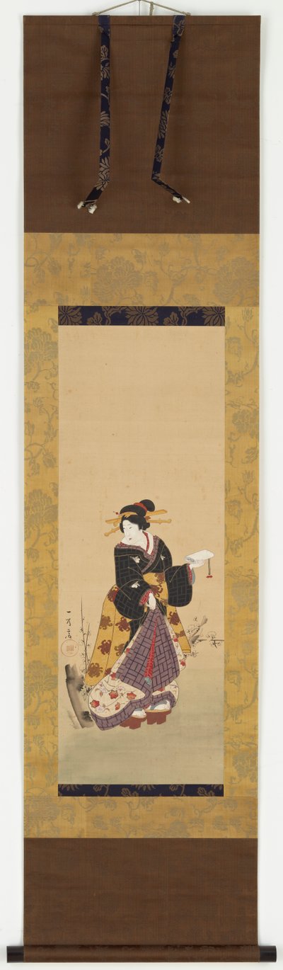 Un Oiran in piedi accanto a un albero di prugne da Kuniyuki Utagawa