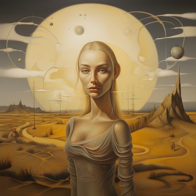 donna Sami di 35 anni con falce di luna, sorriso misterioso, viso e corpo leggermente di lato, lunghi capelli biondi 2 da Kurt Heppke