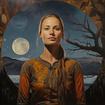Donna Sami di 35 anni con falce di luna, sorriso misterioso, volto e corpo leggermente girati, lunghi capelli biondi da Kurt Heppke