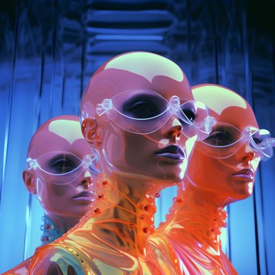 6 donne con maschere di plastica fluorescenti parametriche 3d in un