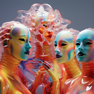 6 donne con maschere di plastica fluorescenti parametriche 3d in un