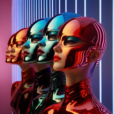6 donne con maschere di plastica fluorescenti parametriche 3d in un