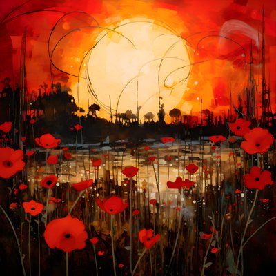 arte paesaggistica astratta con un campo di fiori selvatici e un sole rosso brillante 1 da Kurt Heppke