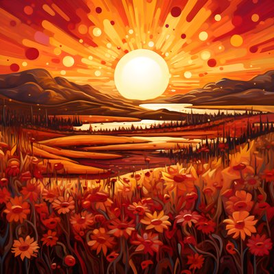 arte paesaggistica astratta con un campo di fiori selvatici e un sole rosso brillante 2 da Kurt Heppke