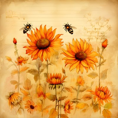 Acquerello girasoli e sagome di api con poesie autunnali scritte a mano 1 da Kurt Heppke