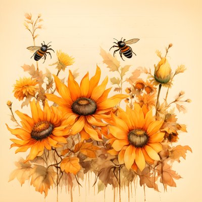 Acquerello girasoli e sagome di api con poesie autunnali scritte a mano 2 da Kurt Heppke