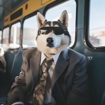 Un cane Siberian Husky in abito e occhiali da sole alla stazione degli autobus, come un gentiluomo 2 da Kurt Heppke