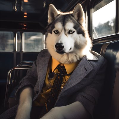 Un cane Siberian Husky in abito e occhiali da sole alla stazione degli autobus, come un gentiluomo 4 da Kurt Heppke