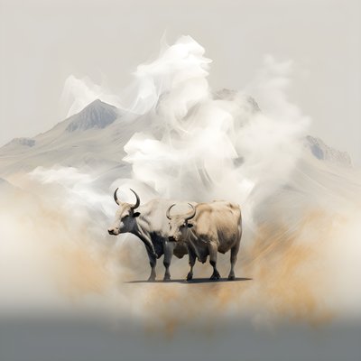 Un quadro astratto frattale, texture fumo beige-bianco. 3 tori neri che emergono dal fumo, con il monte Ararat all
