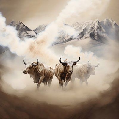 Un quadro astratto frattale, texture fumo beige-bianco. 3 tori neri che emergono dal fumo, con il monte Ararat all