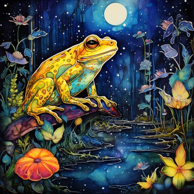 Una rana gialla nella foresta, luna, fiume 2 da Kurt Heppke