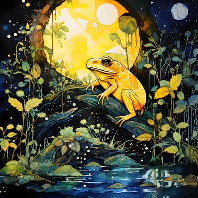 Una rana gialla nella foresta, luna, fiume 3 da Kurt Heppke