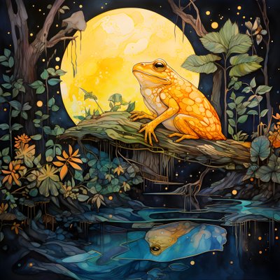 Una rana gialla nella foresta, luna, fiume 4 da Kurt Heppke