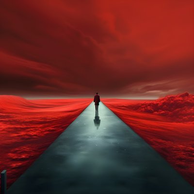 Una lunga strada rossa. Camminare. Come l