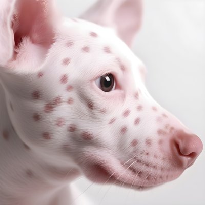 Affascinante primo piano di un maiale rosa con macchie dalmata su sfondo bianco 2 da Kurt Heppke