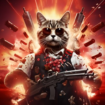 Poster di un gatto con camicia a pois bianca e nera e occhiali da sole lucenti, con esplosioni e cannoni sullo sfondo 1 da Kurt Heppke