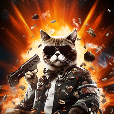 Poster di un gatto con camicia a pois bianca e nera e occhiali da sole lucenti, con esplosioni e cannoni sullo sfondo 3 da Kurt Heppke