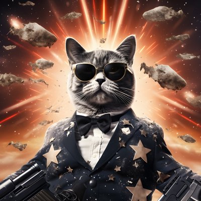 Poster di un gatto con camicia a pois bianca e nera e occhiali da sole lucenti, con esplosioni e cannoni sullo sfondo 4 da Kurt Heppke