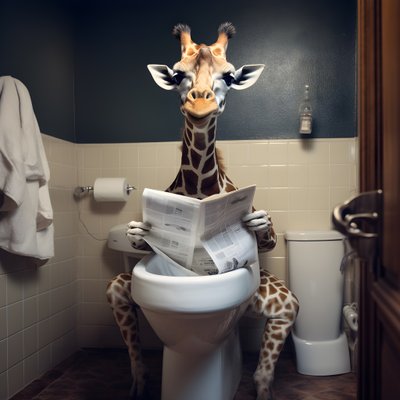 Giraffa felice seduta sul gabinetto con giornale 4 da Kurt Heppke