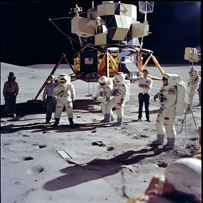Gruppo di persone con telecamera TV che mostrano la falsificazione del progetto Apollo 11 1 da Kurt Heppke