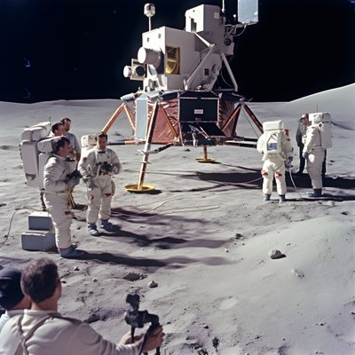 Gruppo di persone con telecamera TV che mostrano la falsificazione del progetto Apollo 11 2 da Kurt Heppke