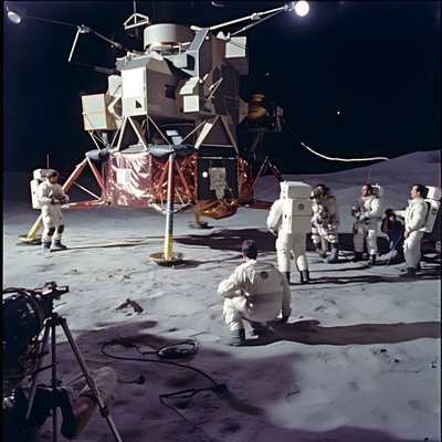 Gruppo di persone con telecamera TV che mostrano la falsificazione del progetto Apollo 11 4 da Kurt Heppke