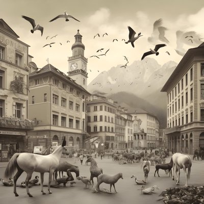 Innsbruck in una vecchia fotografia con zebre eleganti, gabbiani, scimmie e figure di argilla. 1 da Kurt Heppke