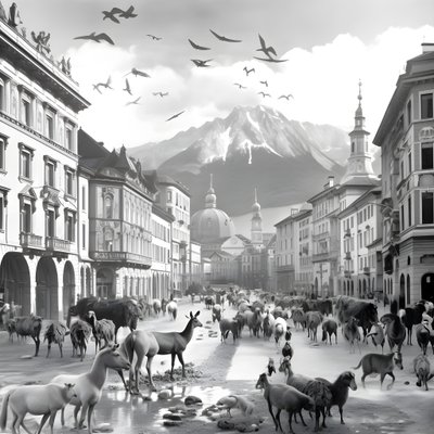Innsbruck in una vecchia fotografia con zebre eleganti, gabbiani, scimmie e figure di argilla. 2 da Kurt Heppke