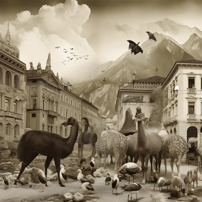 Innsbruck in una vecchia fotografia con zebre eleganti, gabbiani, scimmie e figure di argilla. 3 da Kurt Heppke