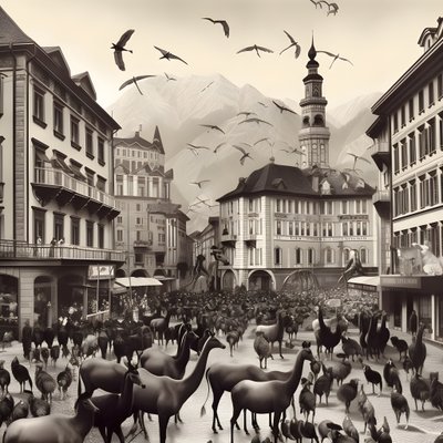 Innsbruck in una vecchia fotografia con zebre eleganti, gabbiani, scimmie e figure di argilla. 4 da Kurt Heppke