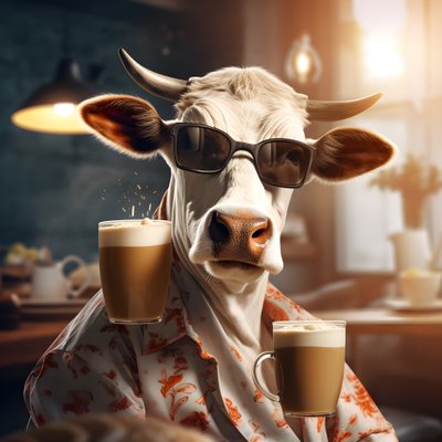 Mucca con occhiali da sole che guarda un caffè freddo 1 da Kurt Heppke