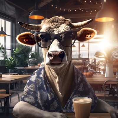 Mucca con occhiali da sole che guarda un caffè freddo 3 da Kurt Heppke