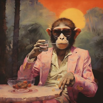 Primo piano di una scimmia cool in un kimono giapponese, con occhiali da sole, in un paesaggio tropicale 2 da Kurt Heppke
