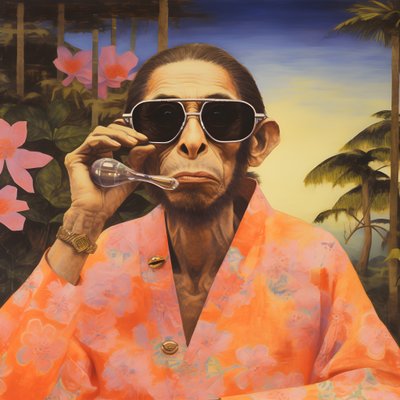 Primo piano di una scimmia cool in un kimono giapponese, con occhiali da sole, in un paesaggio tropicale 3 da Kurt Heppke