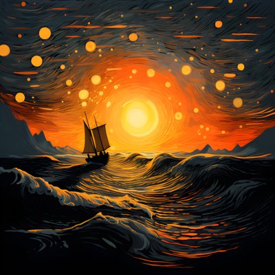 Tramonto, sole arancione-giallo, nuvole, cinque cerchi rotanti di nuvole in un grande cielo, onde puntiformi e nuvole del tramonto arancione-giallo che si riflettono sulle onde, una barca va verso il mare 1 da Kurt Heppke