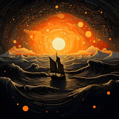 Tramonto, sole arancione-giallo, nuvole, cinque cerchi rotanti di nuvole in un grande cielo, onde puntiformi e nuvole del tramonto arancione-giallo che si riflettono sulle onde, una barca va verso il mare 3 da Kurt Heppke