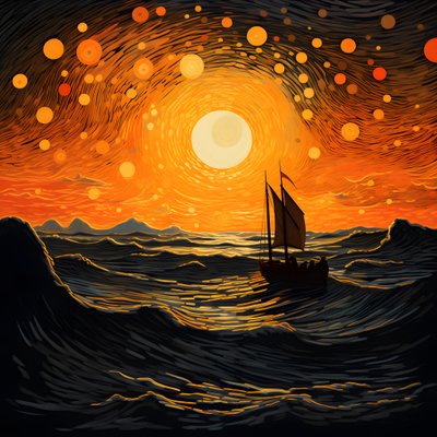 Tramonto, sole arancione-giallo, nuvole, cinque cerchi rotanti di nuvole in un grande cielo, onde puntiformi e nuvole del tramonto arancione-giallo che si riflettono sulle onde, una barca va verso il mare 4 da Kurt Heppke