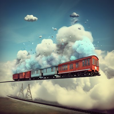 un treno dei social media in rapido movimento che vola tra le nuvole appeso a un filo 3 da Kurt Heppke