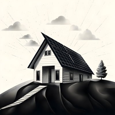 illustrazione di una casa con pannelli solari, con una grande freccia dietro che punta a destra e verso l