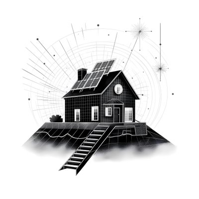 illustrazione di una casa con pannelli solari, con una grande freccia dietro che punta a destra e verso l